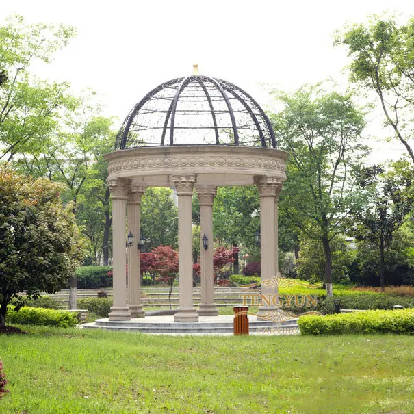 Large Size Natural Stone Yellow Marble Pavilion Garden Carved Sandstone Gazebo for Park Ornament