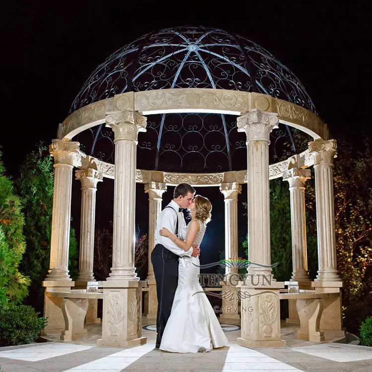 Large Size Outdoor Wedding Decoration Classic Ancient Color Travertine Gazebo With Metal Ceiling