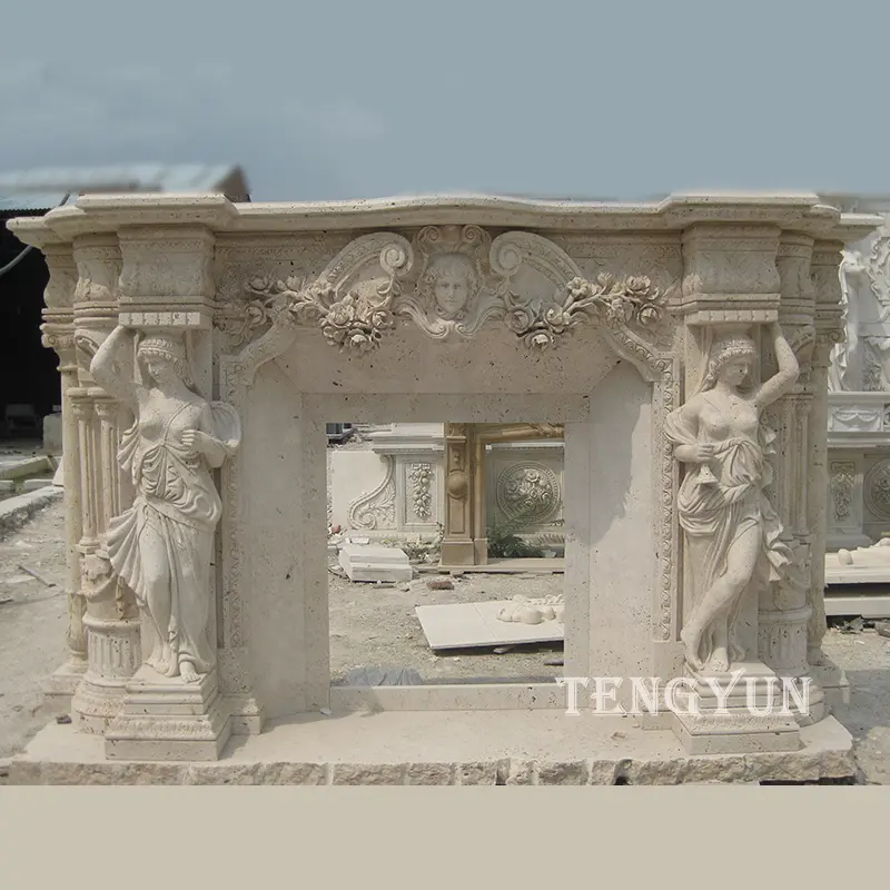 Large Size Travertine Carved Stone Fireplace Mantel With Two Female Statues