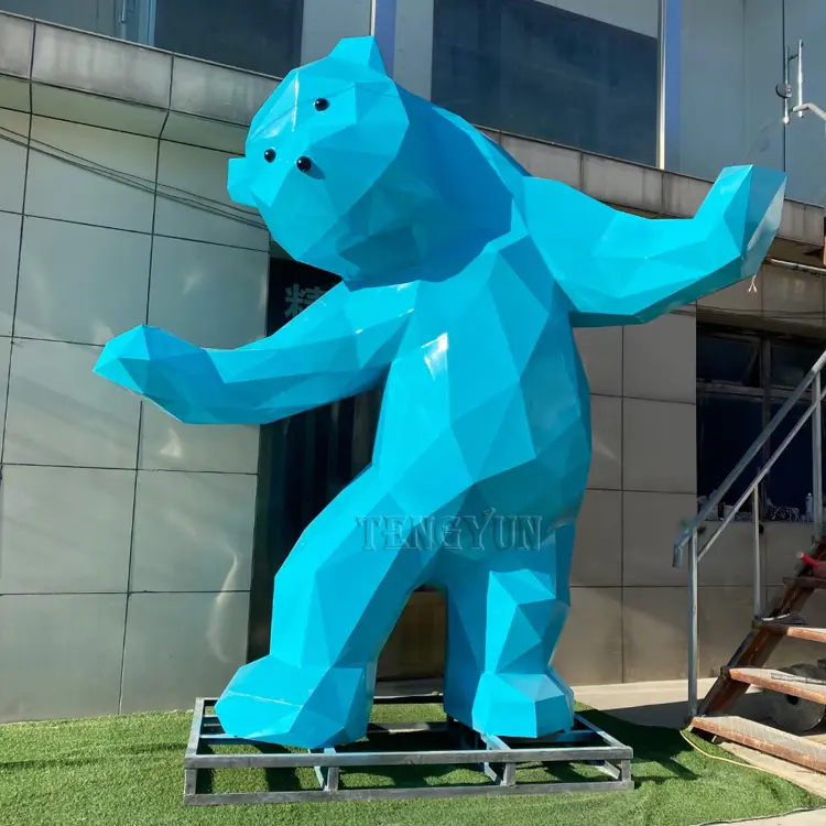 Large size outdoor metal animal sculptures stainless steel geometric bear sculpture