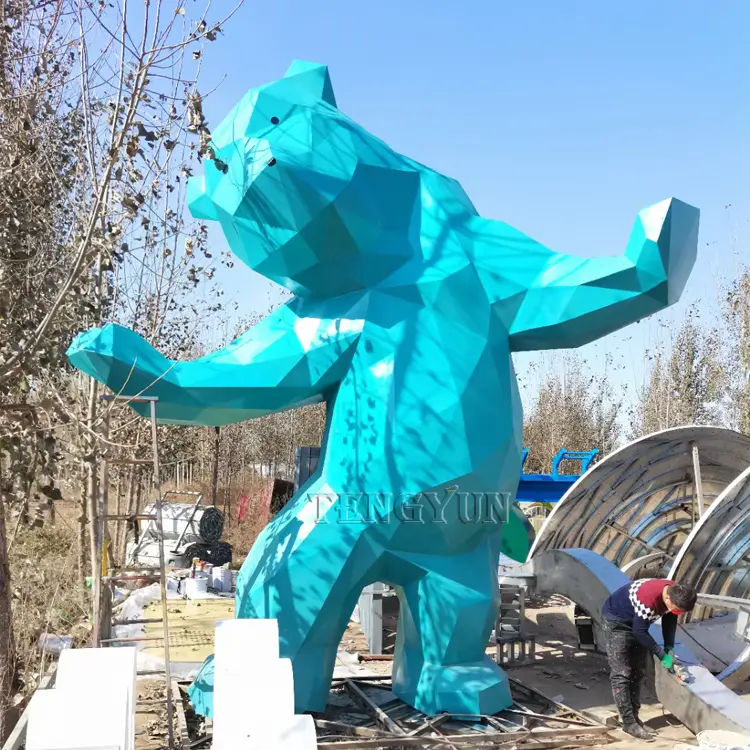Large size outdoor metal animal sculptures stainless steel geometric bear sculpture