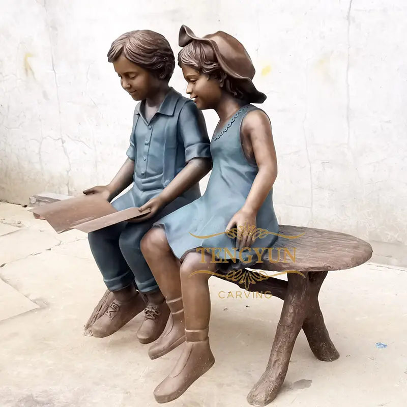 Life Size Boy And Girl Sitting On Bench Reading Sculpture Figure Read Statue For Sale