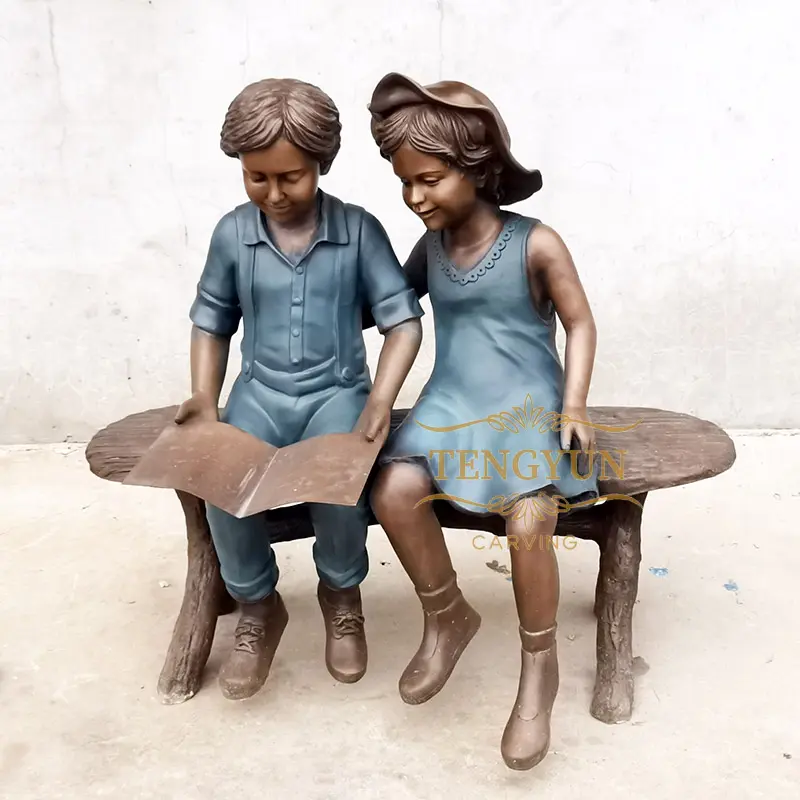Life Size Boy And Girl Sitting On Bench Reading Sculpture Figure Read Statue For Sale