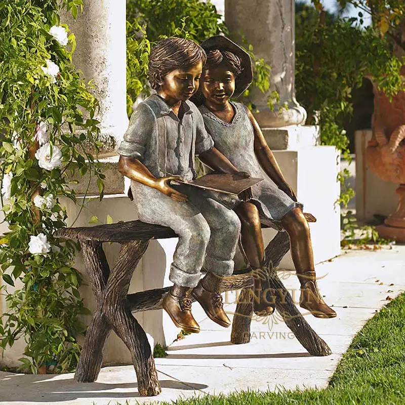 Life Size Bronze Children Sitting On A Bench Reading Sculpture For Sale