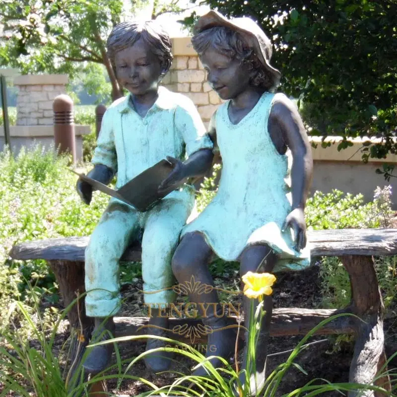 Life Size Bronze Children Sitting On A Bench Reading Sculpture For Sale