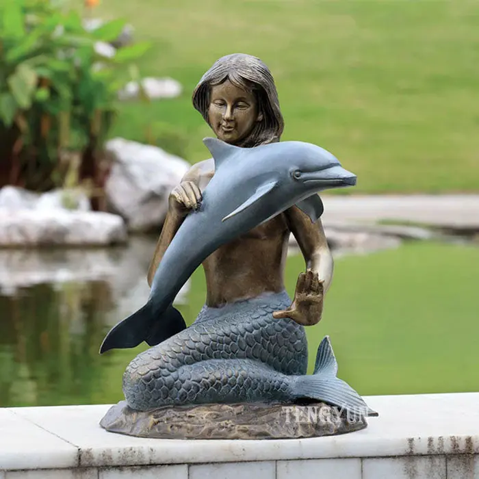 Life Size Bronze Mermaid Statue With Dolphin Sculpture For Outdoor Decoration