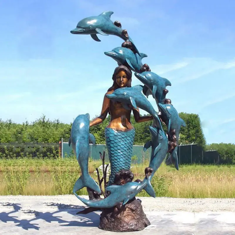 Life Size Bronze Mermaid Statue With Dolphin Sculpture For Outdoor Decoration