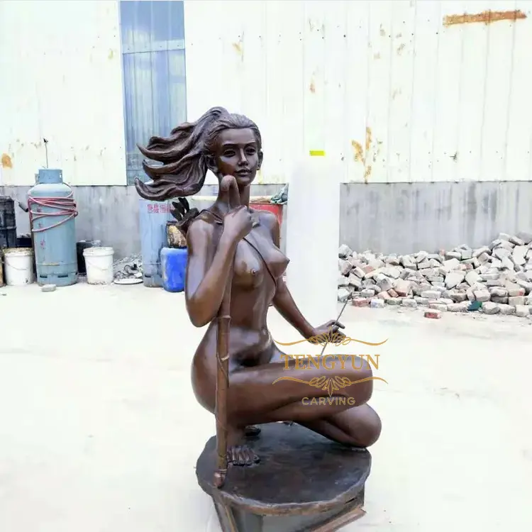 Life Size Bronze Statue Crouching Woman With Bow And Arrow Sculpture