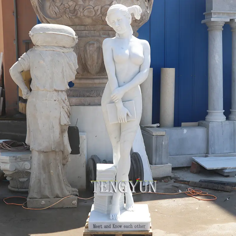 Life Size Nude Young Girl Statue White Marble Colleague Student Female Lady With Book Sculpture