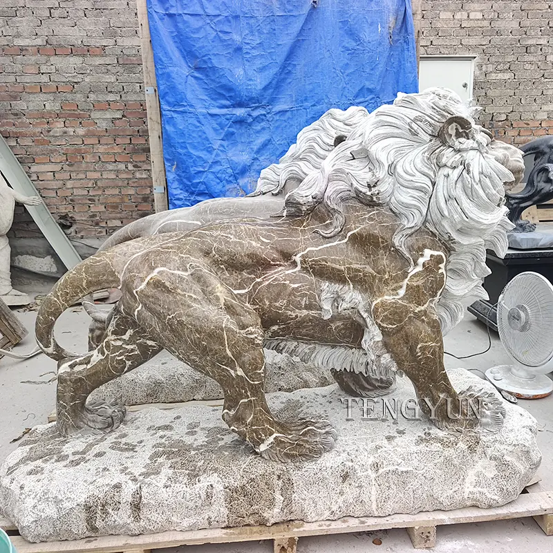Marble Carving Walking Lion Sculptures Pair of Roaring Coffee Color Stone Lions