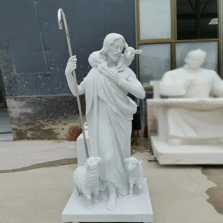 Marble Jesus statue with goats sculptures