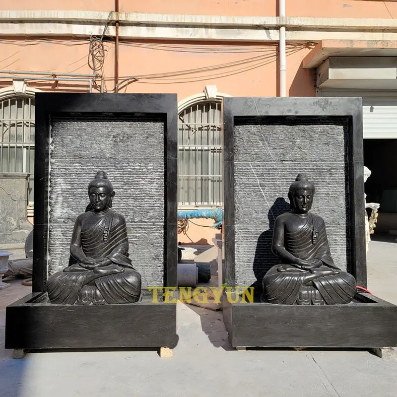 Natural Black Marble Buddha Wall Water Fountain Outdoor Water Feature