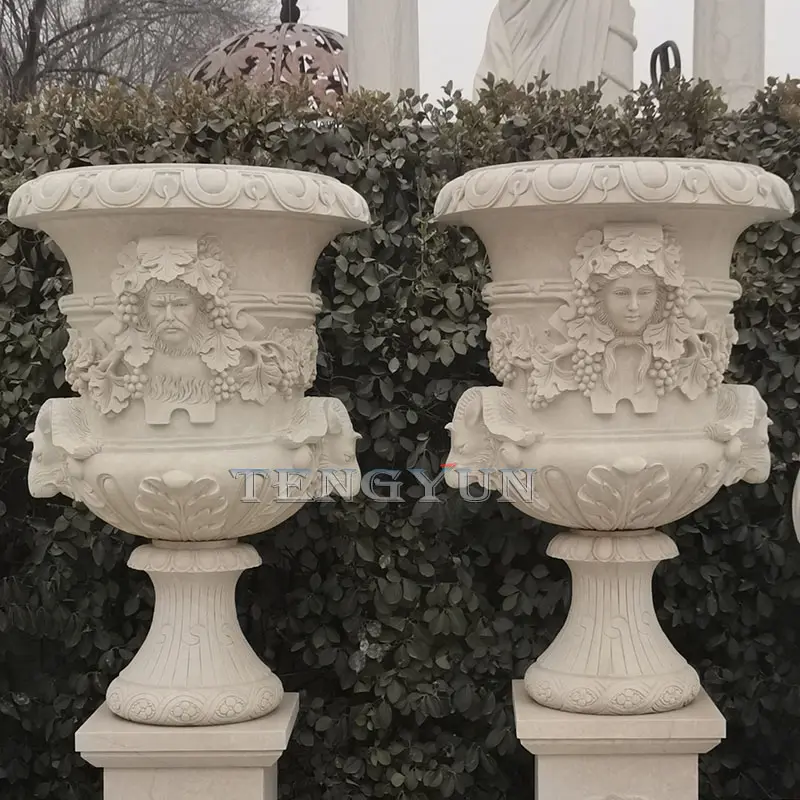 Natural Marble Carved Pair Of Stone Flowerpot With Male And Female Head Carvings