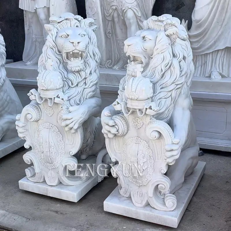 Natural White Marble Carved Guardians of Tradition Stone Lion Statue With Shield Sculptures For Sale