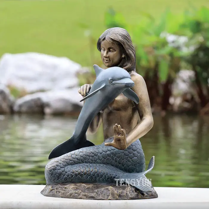 Nude Female Lady Bronze Statue With Dolphin Sculpture For Swimming Pool Decoration