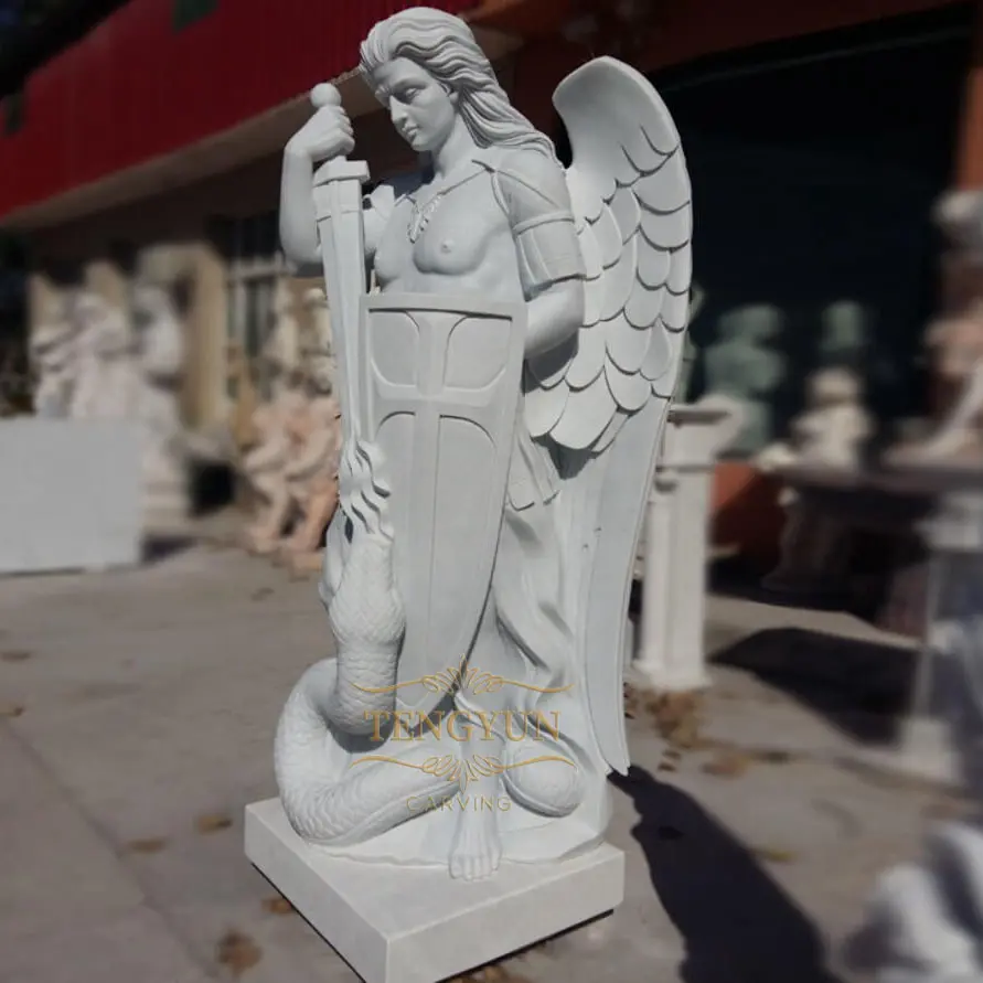 Outdoor Decor White Marble St. Michael The Archangel Prayer Statue Garden Church Statues For Sale