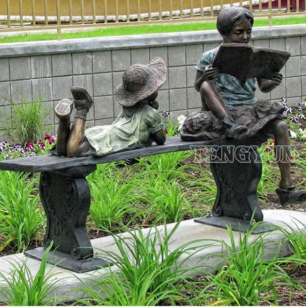 Outdoor Garden Decorative Boy And Girl Sitting On Bench Reading Book Child Bronze Sculptures