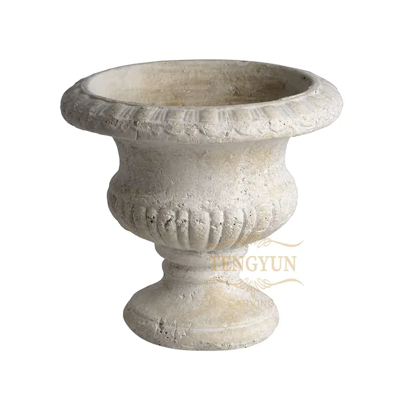 Outdoor Yard Decorative Stone Travertine Flowerpot Sculpture For Sale