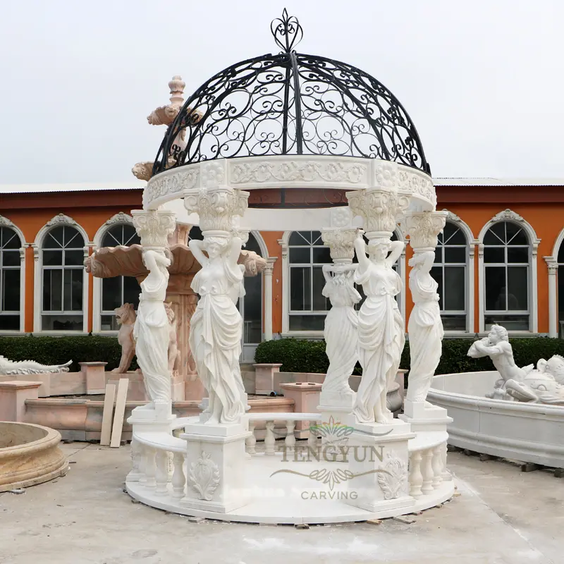 Park Decorative Natural White Marble Greek Lady Statues Gazebo Stone Pavilion For Sale