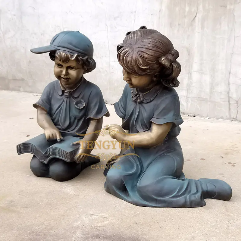 Popular Bronze Children Reading Garden Statue Modern Boy And Girl Child Sculpture