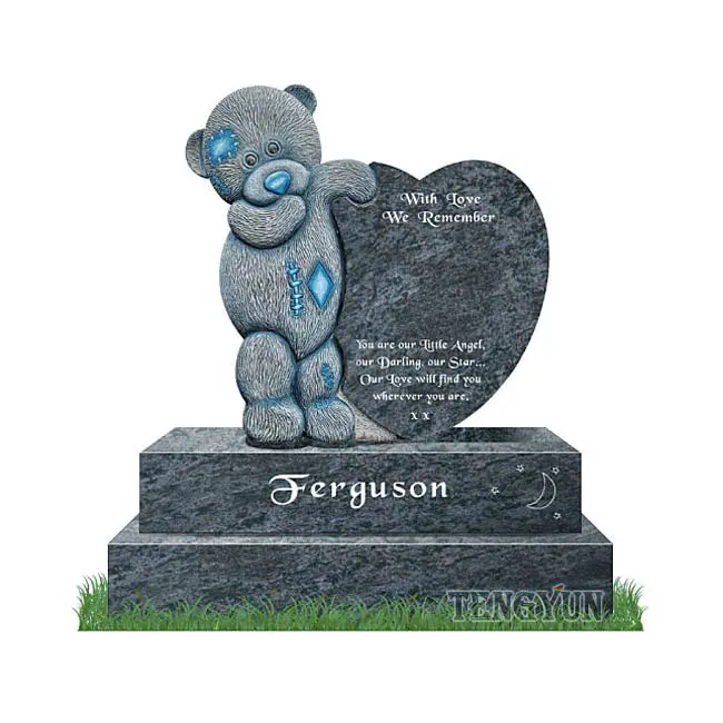 Stone Gray Granite Headstone For Graves Cemetery Tombstone Decorations Heart Shape Headstone With Bear For Baby