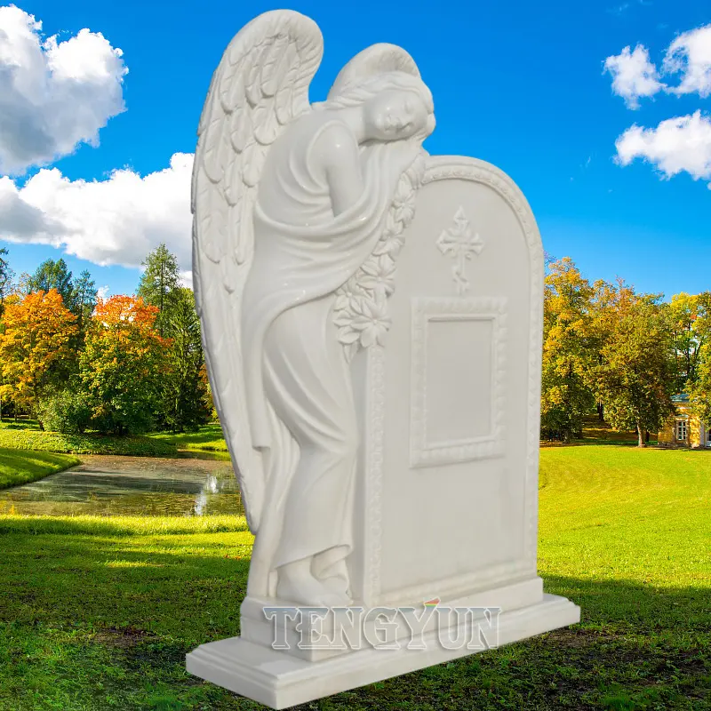 White Marble Sad Angel Statue Stone Tombstone For Cemetery