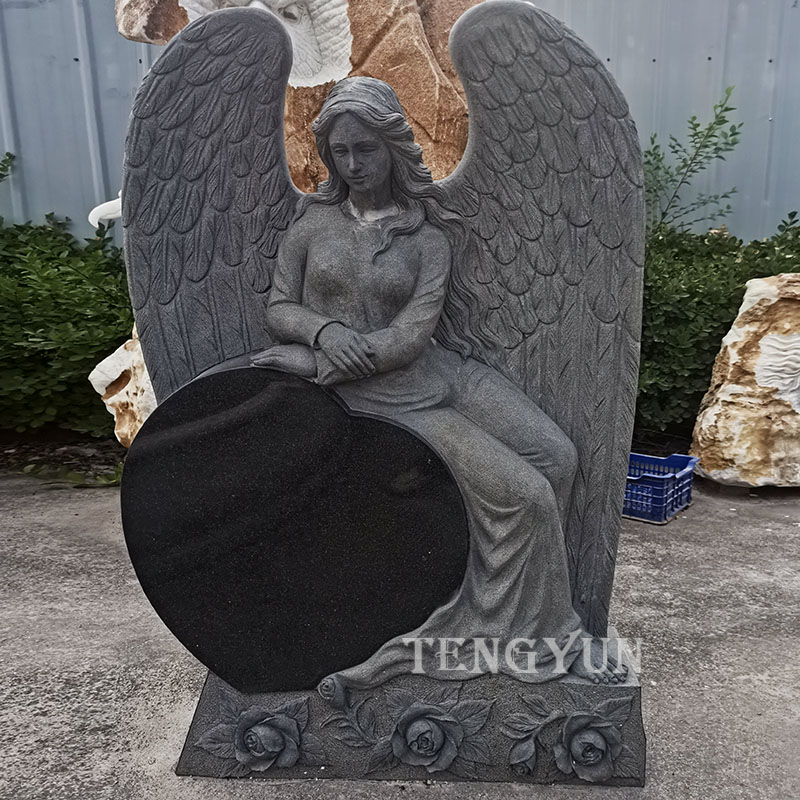 Cemetery natural solid granite angel with heart tombstone carved gravestone