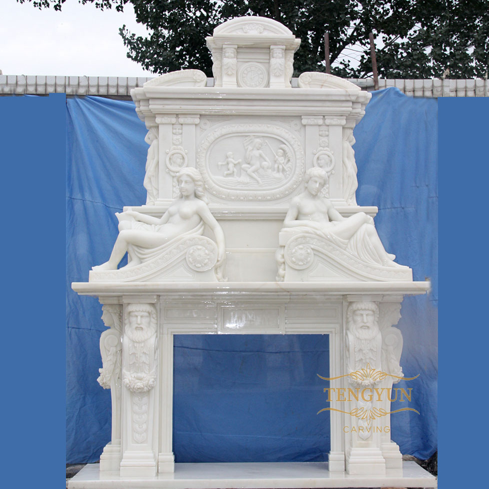 White marble two-story fireplace mantel with male and female statues