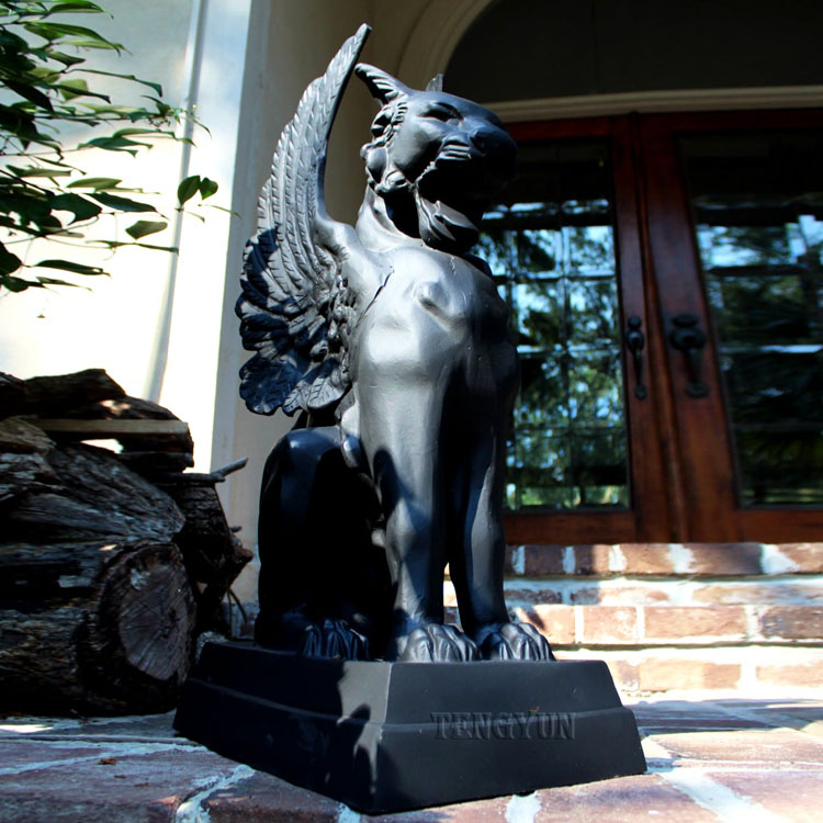 Mythological metal animal sculpture pair of gargoyle bronze statue cat faced griffin with wings (6)