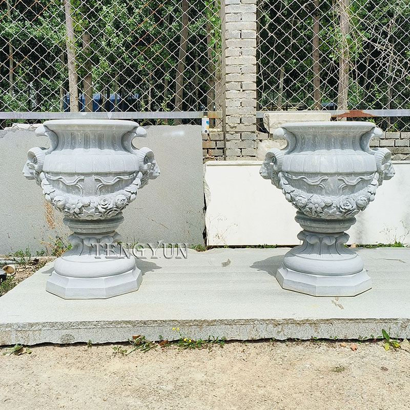 Grey marble carved pair of stone flower pots (2)