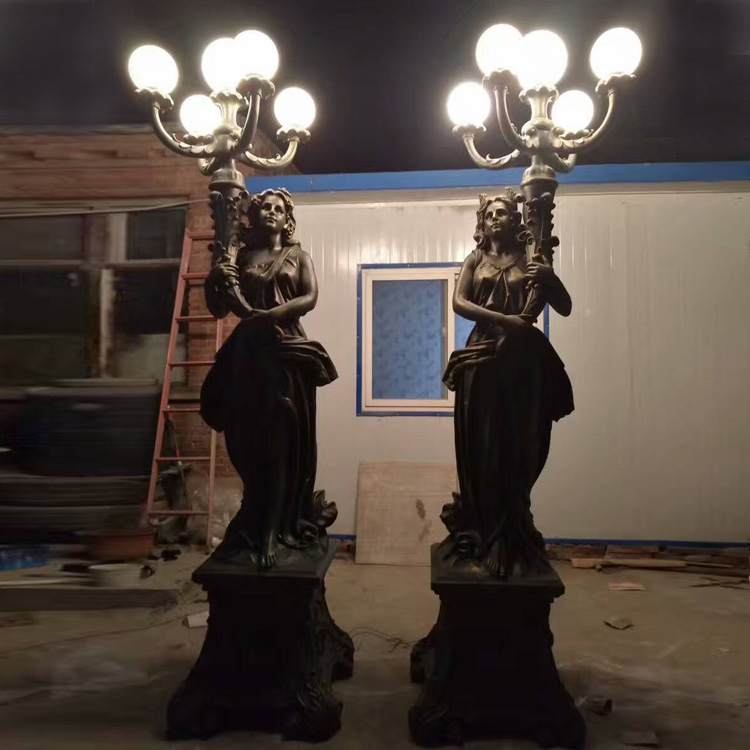 Outdoor Decorative Pair Of Fiberglass Large Size Female Statue Lamp Sculpture For Sale (9)