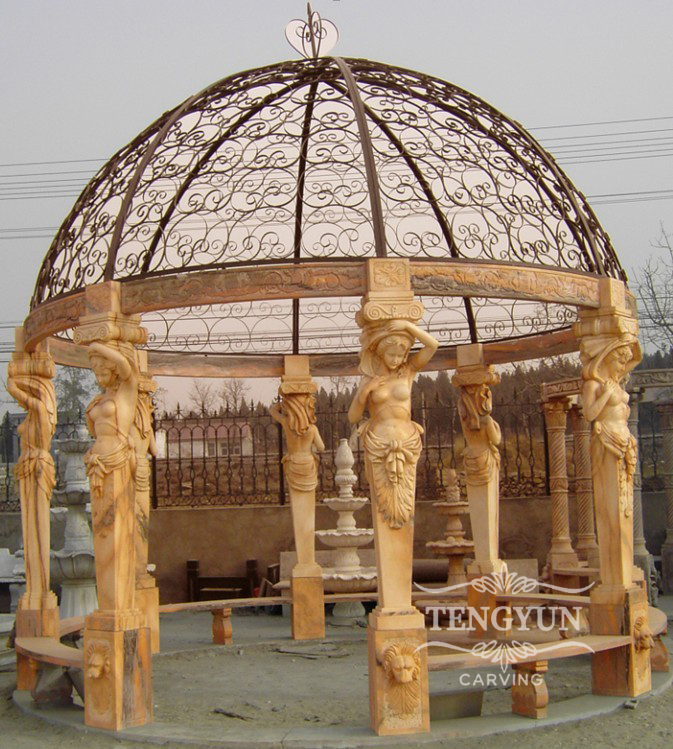 Sunset red marble gazebo with female statues (2)