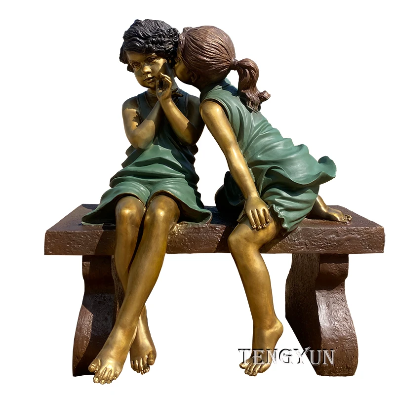 Bronze Boy and Girl Statue Childhood Whisper on a Bench Bronze Boy and Girl Statue Childhood Whisper on a Bench