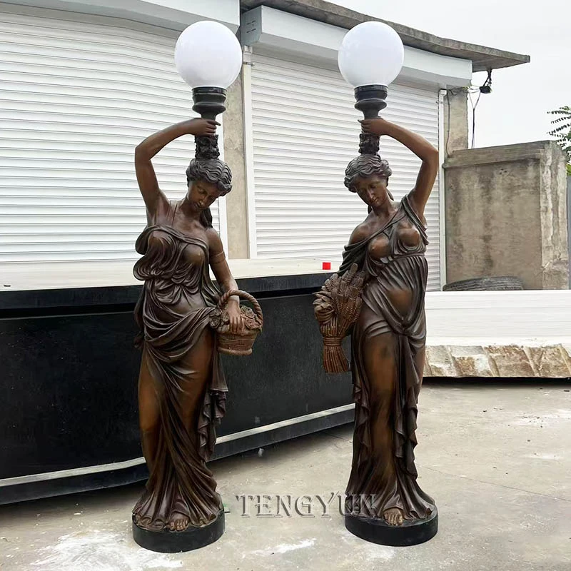 Antique Style Pair of Bronze Female Lamp Sculptures