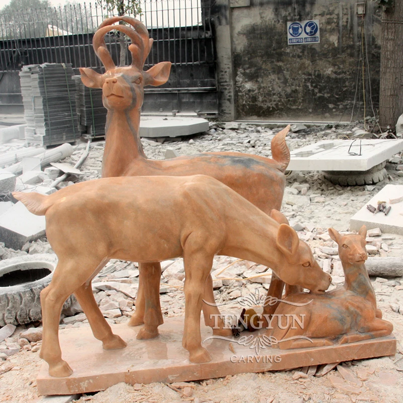 Carved Marble Deer Family Statues Stone Animal Sculpture