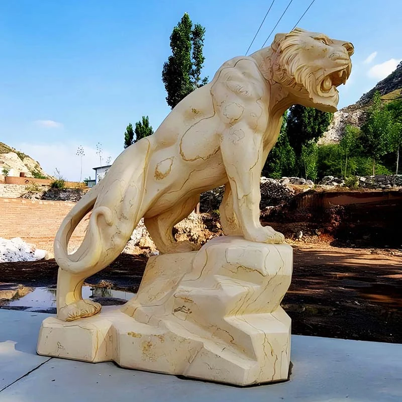 ‌Egyptian Beige Marble Carved Roaring Tiger Stone Sculpture