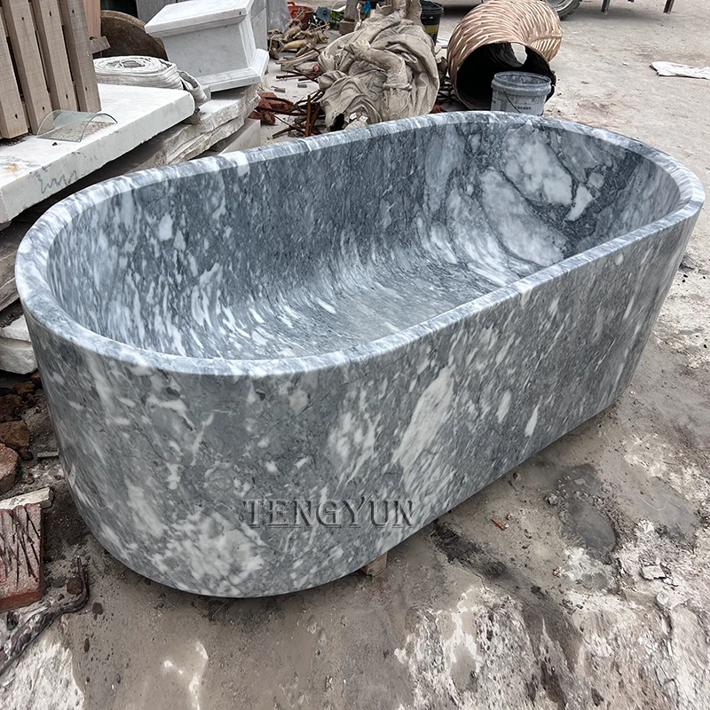 Elegant Freestanding Hand-Carved Natural Grey Marble Bathtub