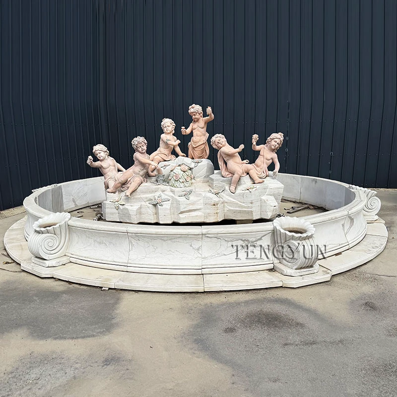 Elegant Hand-Carved Marble Fountain with Cherub Sculptures– Luxury Outdoor Water Feature
