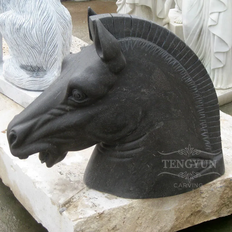 Hand-Carved Black Marble Horse Head Sculpture