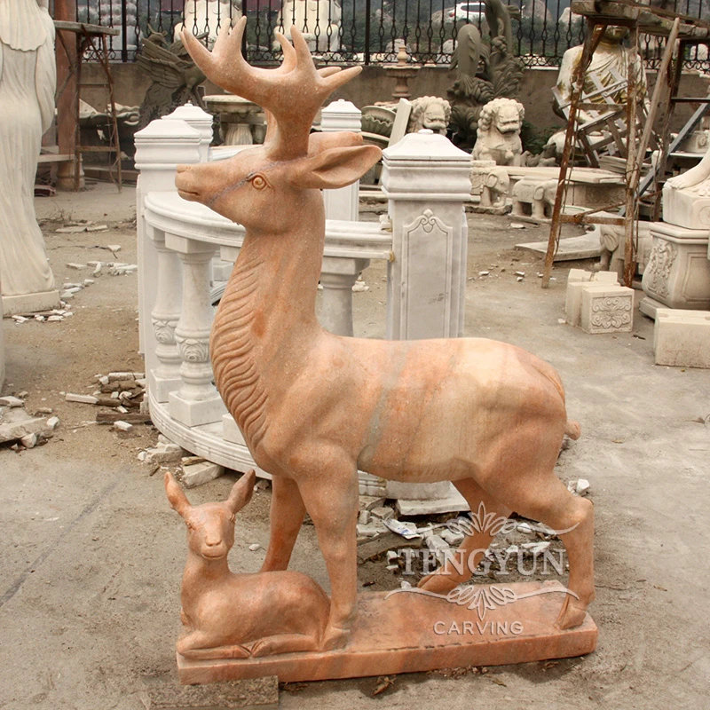 Hand-Carved Marble Stag with Fawn Sculpture Deer Statues
