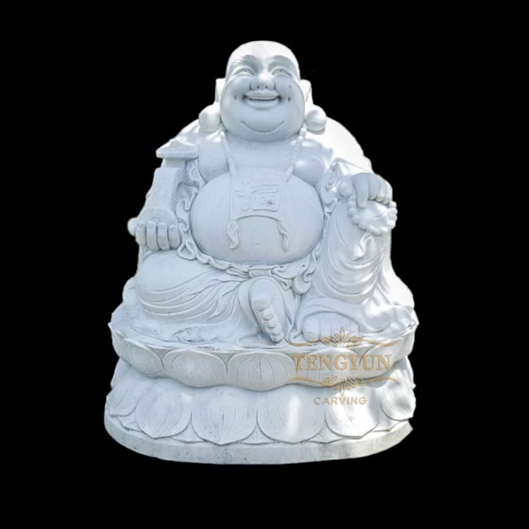 Hand-Carved White Marble Sitting Laughing Buddha Statue