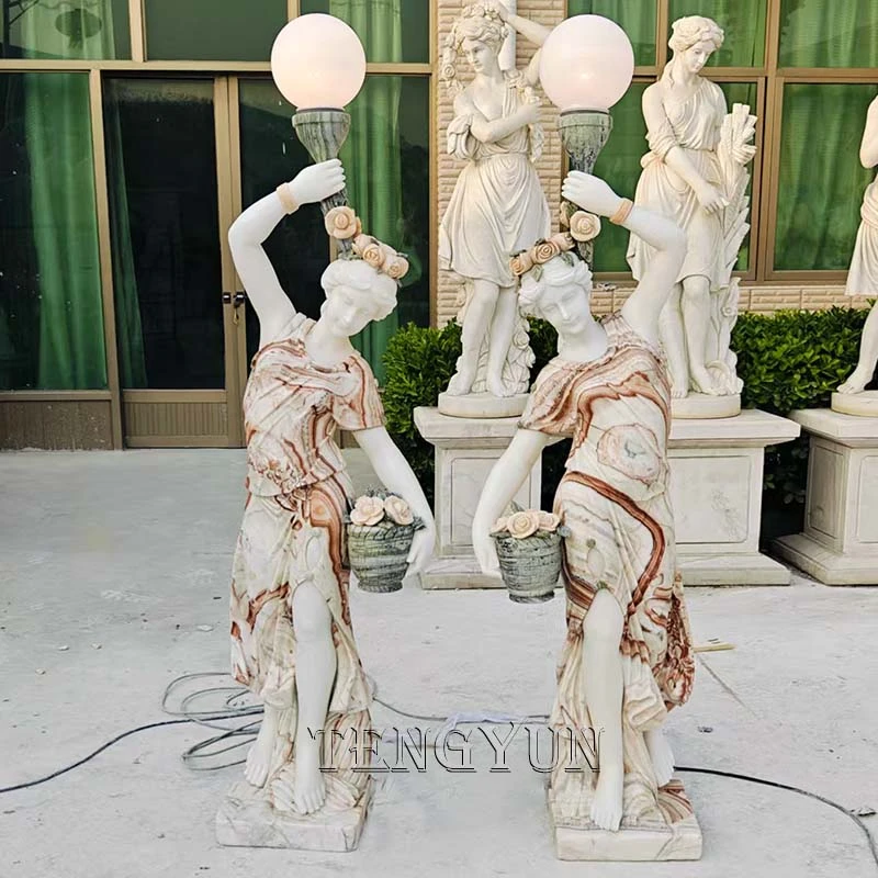 Outdoor Decor Marble Carved Lady Lamp Woman Statue