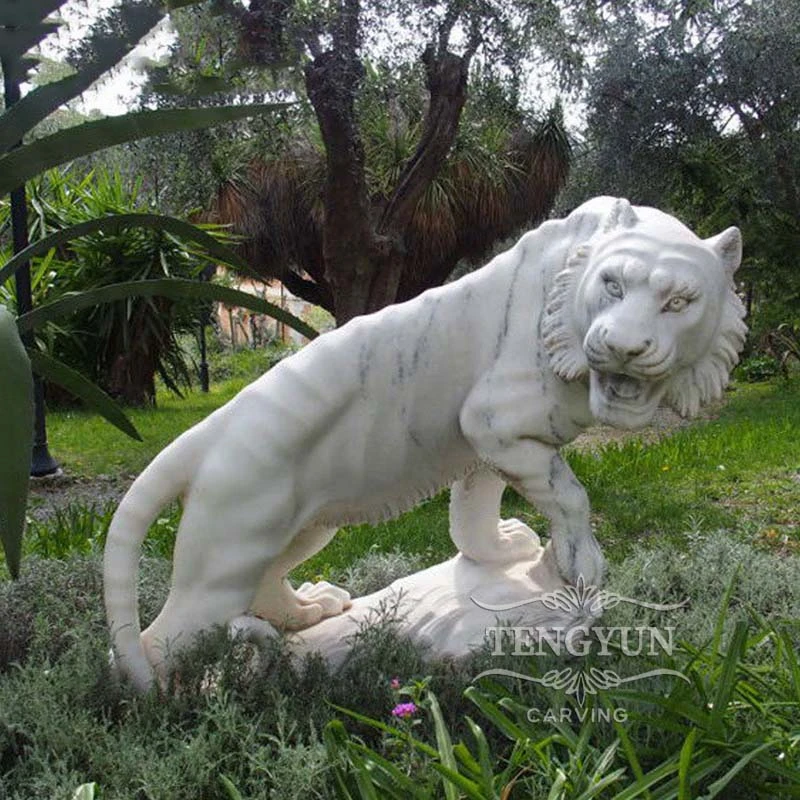 Marble Carved Fierce Tiger Wildlife Sculpture Artwork