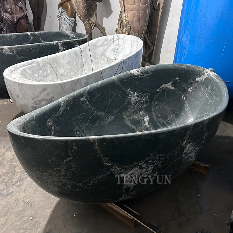 Hand-Carved Oval-Shaped Natural Black Marble Bathtub