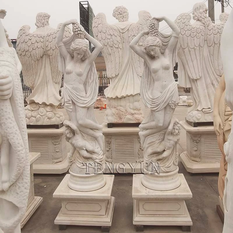 Pair of Marble Nude Female with Cherub Sculpture