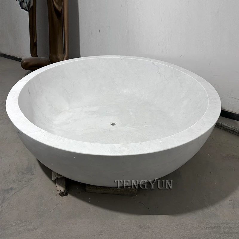 Natural White Marble Freestanding Bathtub – Hand-Carved Stone Tub
