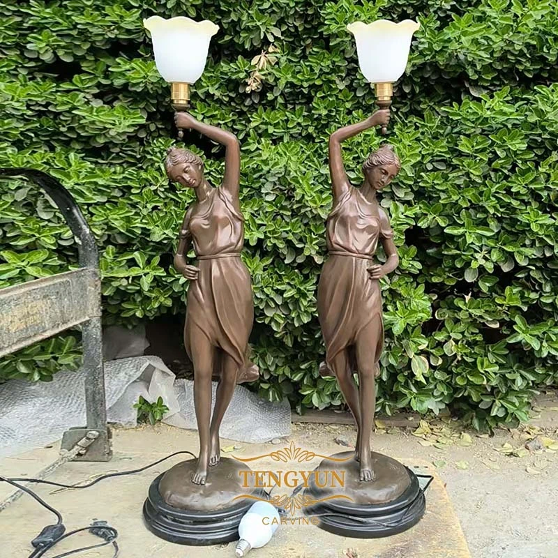 Pair of 100cm High Cast Bronze Female Lamp Figures