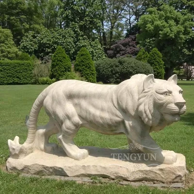 Stone Carving of a Walking Marble Tiger Sculpture