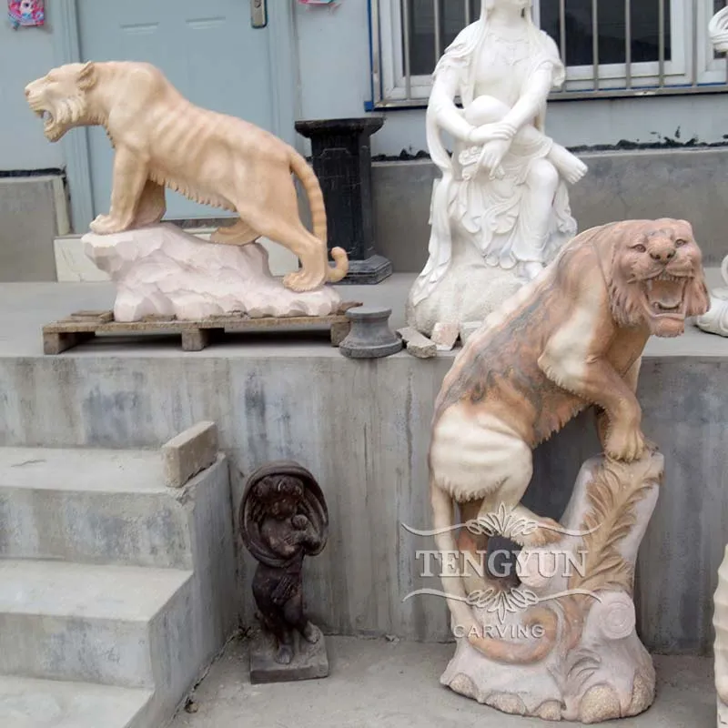 Sunset Red Marble Carved Playful Tiger Sculpture