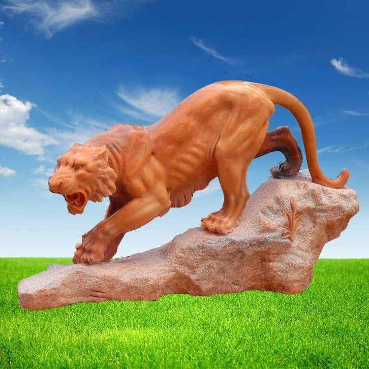 Sunset Red Marble Carved Roaring Tiger Sculpture